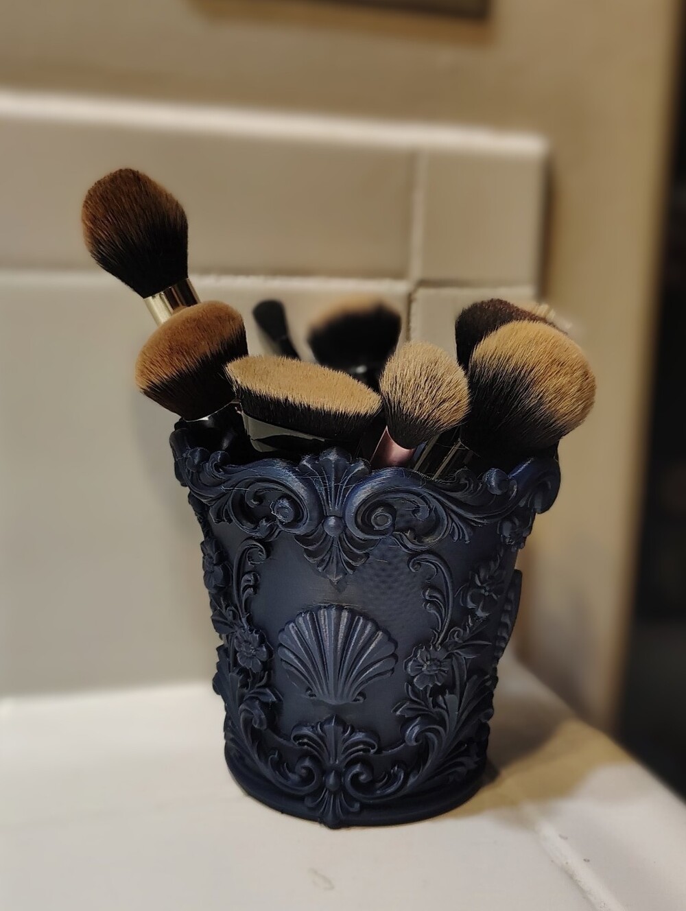 Ornate Navy Blue Decorative Makeup Brush Holder